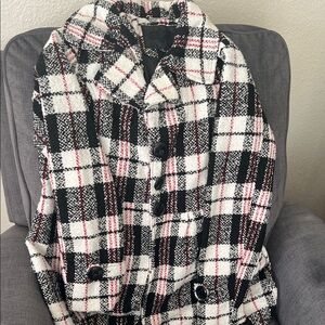Jou Jou Plaid Pea Coat - Black, White, Pink